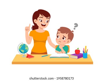 cute little boy study with mother at home together