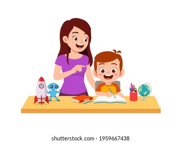 cute little boy study with mother at home together