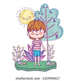cute little boy with sun kawaii in the landscape