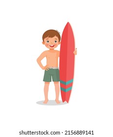 cute little boy surfer holding surfboard waving hand on summer vacation