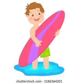 Cute little boy surfer holding surfboard, summer vacations