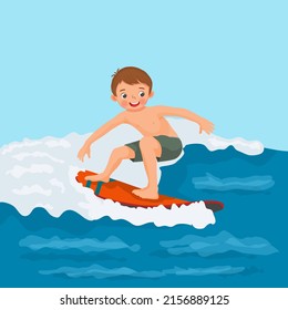 Cute little boy surfer riding on surfboard on sea wave in summer vacation