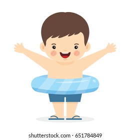 Cute little boy with swimming ring isolated on white. Happy summer. Vector illustration.