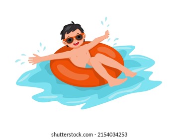 cute little boy with swimsuit and sun glasses lying on inflatable rubber ring having fun floating in swimming pool on summer time