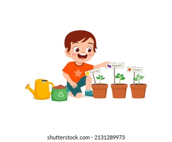 cute little boy take care of vegetable plant