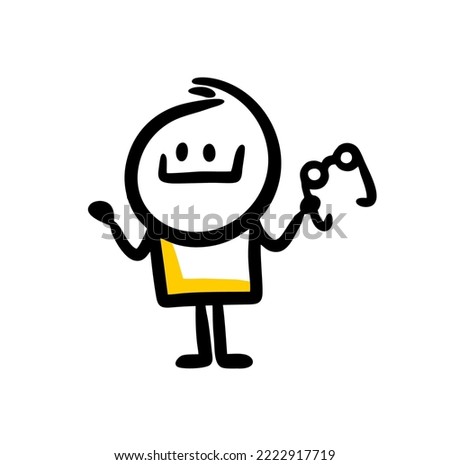 Cute little boy take off the eyeglasses with smile. Funny cartoon illustration for optic design.