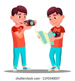 Cute Little Boy Take A Photo With Camera In His Hands Vector. Isolated Illustration