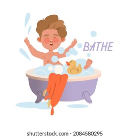 Cute little boy taking bath in bathtub. Verb expressing action, children education concept cartoon vector illustration