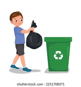 cute little boy taking out the trash in garbage bag into recycling bin doing daily routine housework chores at home