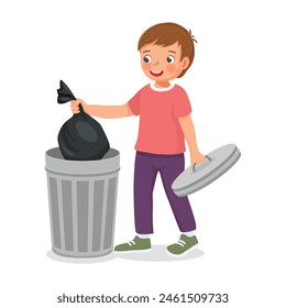 Cute little boy taking out the trash in garbage bag into recycling bin