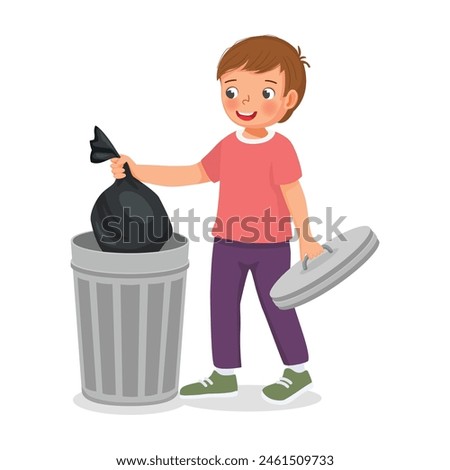 Cute little boy taking out the trash in garbage bag into recycling bin