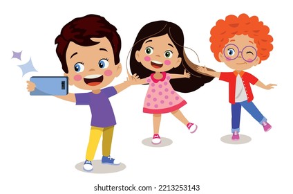 cute little boy taking selfie with his friends