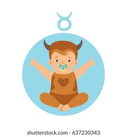 Cute little boy as Taurus astrological sign. Horoscope symbol colorful character vector Illustration