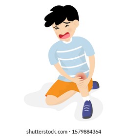 Cute little boy is tear and falling knee pain isolated on background. Vector illustration in  flat cartoon style.