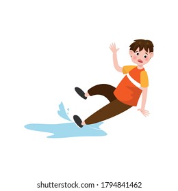 Un niño pequeño es lágrima y dolor de rodilla que cae aislado en el fondo. Ilustración vectorial al estilo de las caricaturas planas.
