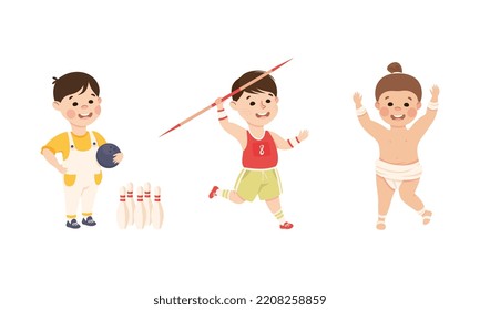 Cute Little Boy Throwing Javelin and Playing Ten-pin Bowling Practicing Sport and Physical Activity Vector Set