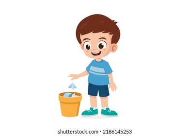 Cute little boy throwing tissue in the trash can vector illustration