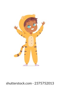 Cute little boy in tiger costume vector illustration. Cartoon isolated happy kid with funny face in kigurumi for sleepover, child in onesie comfy jumpsuit for childish carnival or pajama party