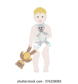 Cute little boy with toy bear and a cat.