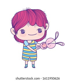cute little boy with toy rabbit cartoon vector illustration