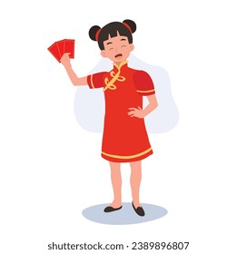 Cute Little Boy in Traditional Chinese Attire Holding Red Envelope. Happy Chinese new year.