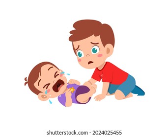 cute little boy try to comfort crying baby brother