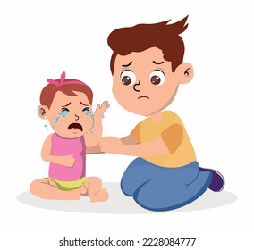 cute little boy try to comfort crying baby sister.