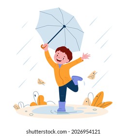 Cute little boy with umbrella in rubber boots. Windy weather autumn leaves. Vector illustration in cartoon style.