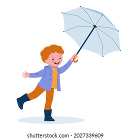 Cute little boy with an umbrella in rubber boots. Vector illustration in cartoon style.