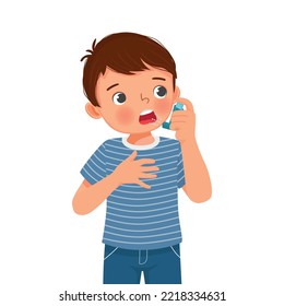 Cute Little Boy Using Asthma Inhaler Nasal Spray Bottle To Treat Allergy Asthma Attack And Breathing Treatment