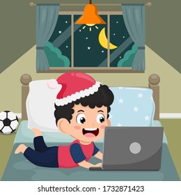 Cute little Boy using laptop for Online education at bedroom in night time. kid happy smile using internet technology for e-learning. child stay at home. distance study concept. Vector illustration.