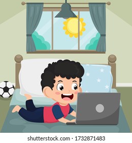 Cute little Boy using laptop for Online education at bedroom in morning time. kid happy smile using internet technology for e-learning. child stay at home. distance study concept. Vector illustration.