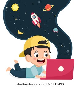 Pequeño niño lindo usando laptop para educación en línea, quédate en casa. sonrisa feliz de niño usando tecnología de internet para e-learning. imaginación estudiantil detrás de su computadora. concepto de estudio. Ilustración vectorial.