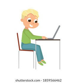 Cute Little Boy Using Laptop Computer at Workplace, Online Education or Courses, Kid Programmer Character Cartoon Style Vector Illustration