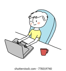 Cute little boy using laptop with a mug of hot chocolate on his desk. Vector illustration with hand-drawn style. 