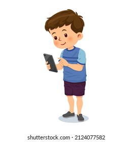 Cute little boy using mobile phone. Vector illustration. Isolated on white background