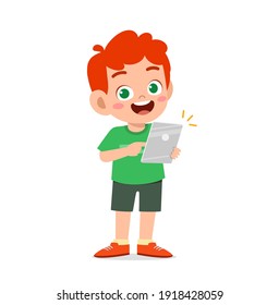 cute little boy using smartphone and internet