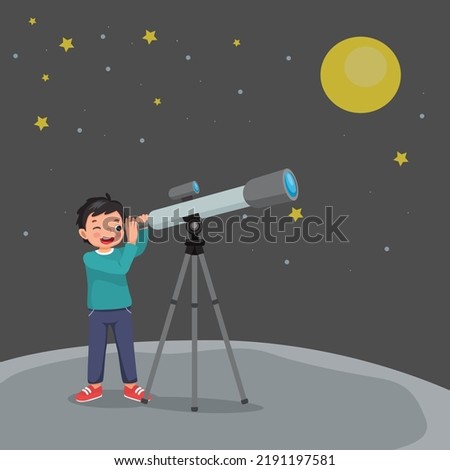cute little boy using telescope looking at star and galaxies at night