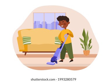 Cute Little Boy Vacuuming the Floor. Kids doing housework chores at home concept. Flat cartoon vector illustration