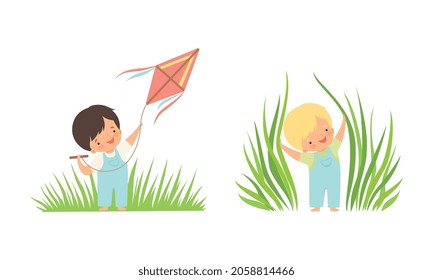 Cute Little Boy Walking on Green Meadow Grass Flying Kite Vector Set