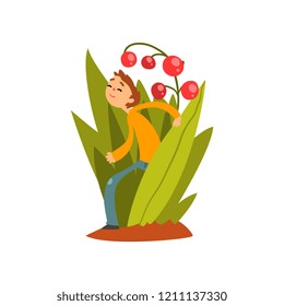 Cute little boy walking in tall grass vector Illustration on a white background