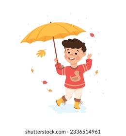 Cute little boy walking with umbrella in rain. Happy kid playing outdoors cartoon vector illustration