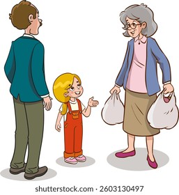 Cute little boy wants to help his grandmother carry the grocery bag