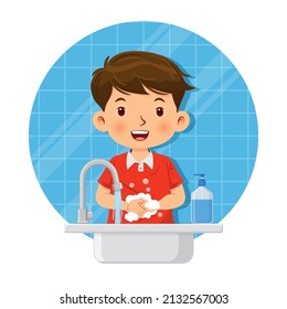 Cute little boy wash his hands in the sink with soap for cleanliness and healthcare. Health care concept. Vector illustration