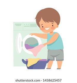 Cute Little Boy Washing Clothes with Washing Machine, Adorable Kid Doing Housework Chores at Home Vector Illustration