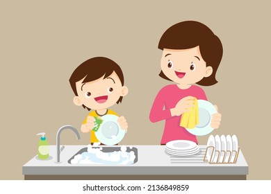 cute little boy washing dish with mother