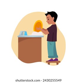 Cute little boy washing dishes in the kitchen sink standing on a stool. Cartoon children cleaning duty, housework chores. Vector flat illustration of domestic kids job responsibility in frame on white