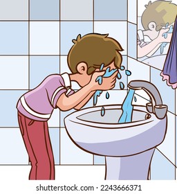 cute little boy washing his face cartoon vector illustration