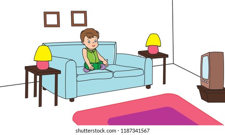 Cute Little boy watching tv television sitting on sofa