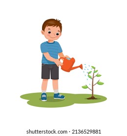 cute little boy watering plants flowers in the pot with watering can in the garden